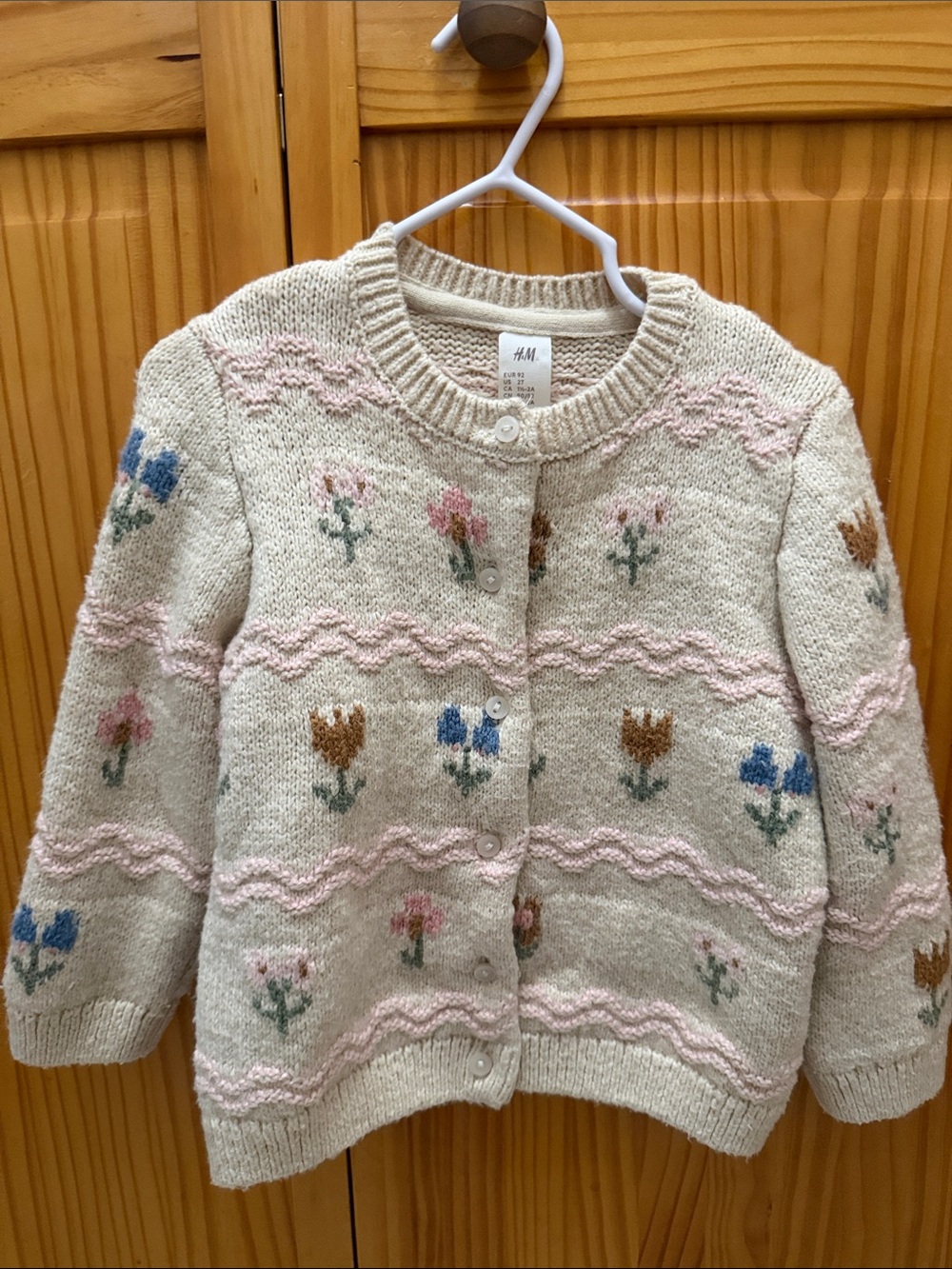 H&M Cream Knitted Floral Cardigan with Pink Trim